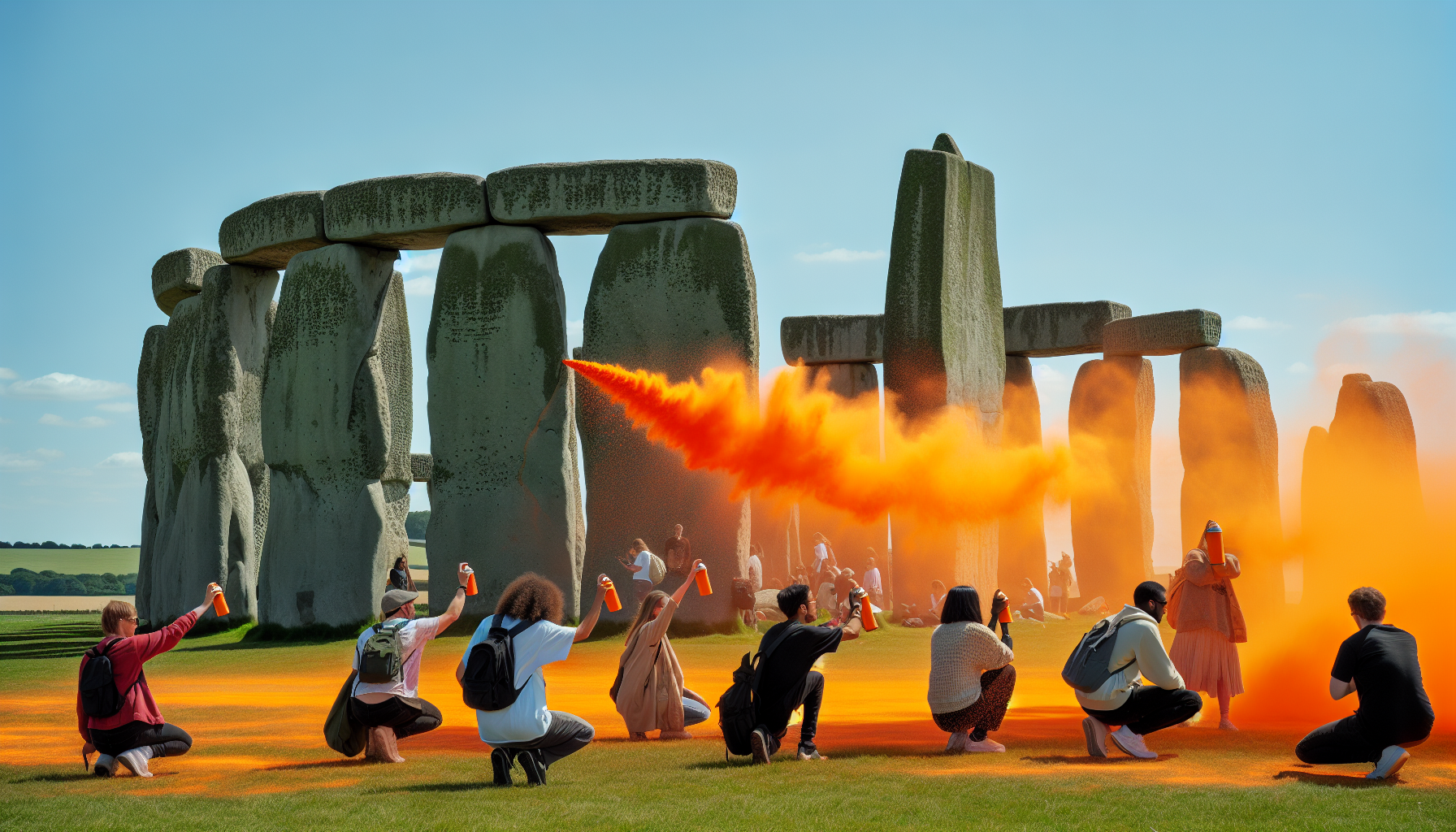 des activistes de just stop oil ont protesté en arrosant stonehenge d'un liquide orange, attirant l'attention sur l'urgence climatique. cet acte symbolique vise à dénoncer l'impact destructeur des combustibles fossiles sur notre planète.