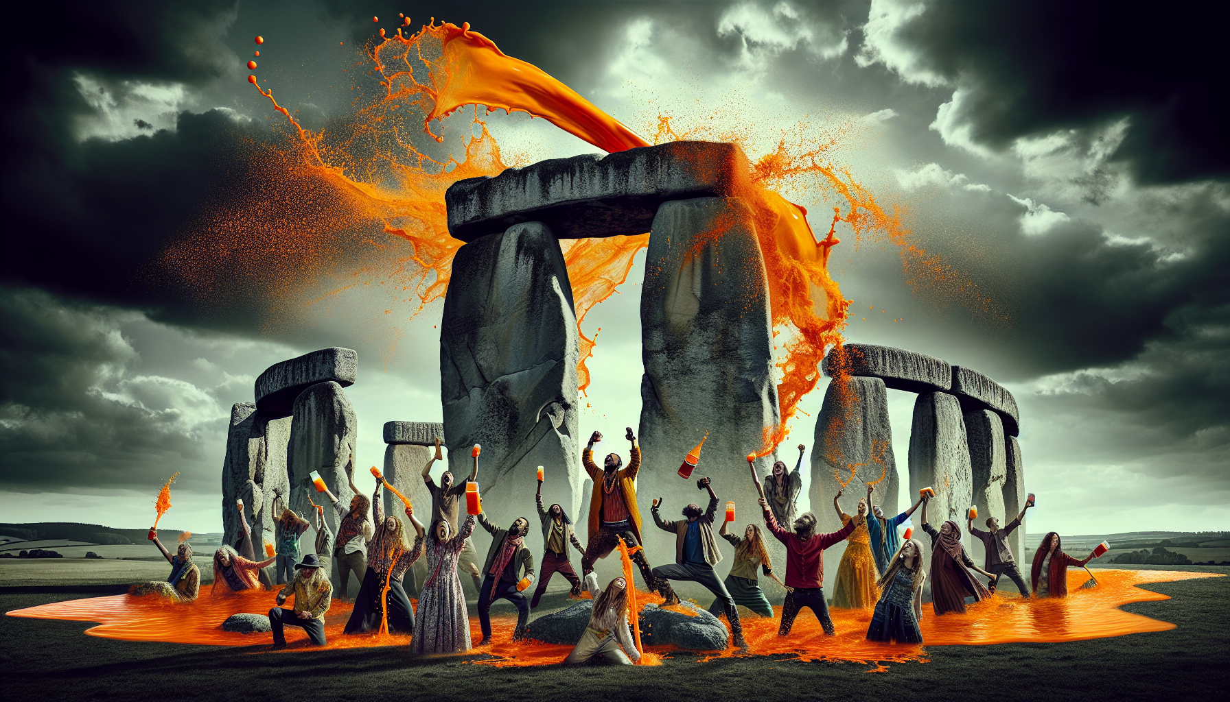 des activistes de just stop oil ont arroser stonehenge d'un liquide orange pour dénoncer l'inaction face aux changements climatiques. découvrez les détails de cette action provocatrice et son impact sur la sensibilisation environnementale.