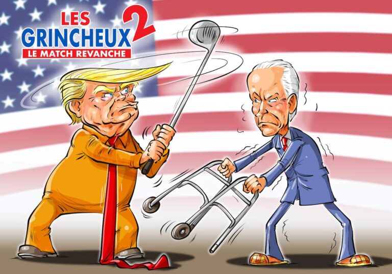découvrez une caricature satire mettant en scène trump et un biden défoncé, illustrant de manière humoristique et critique la scène politique actuelle.
