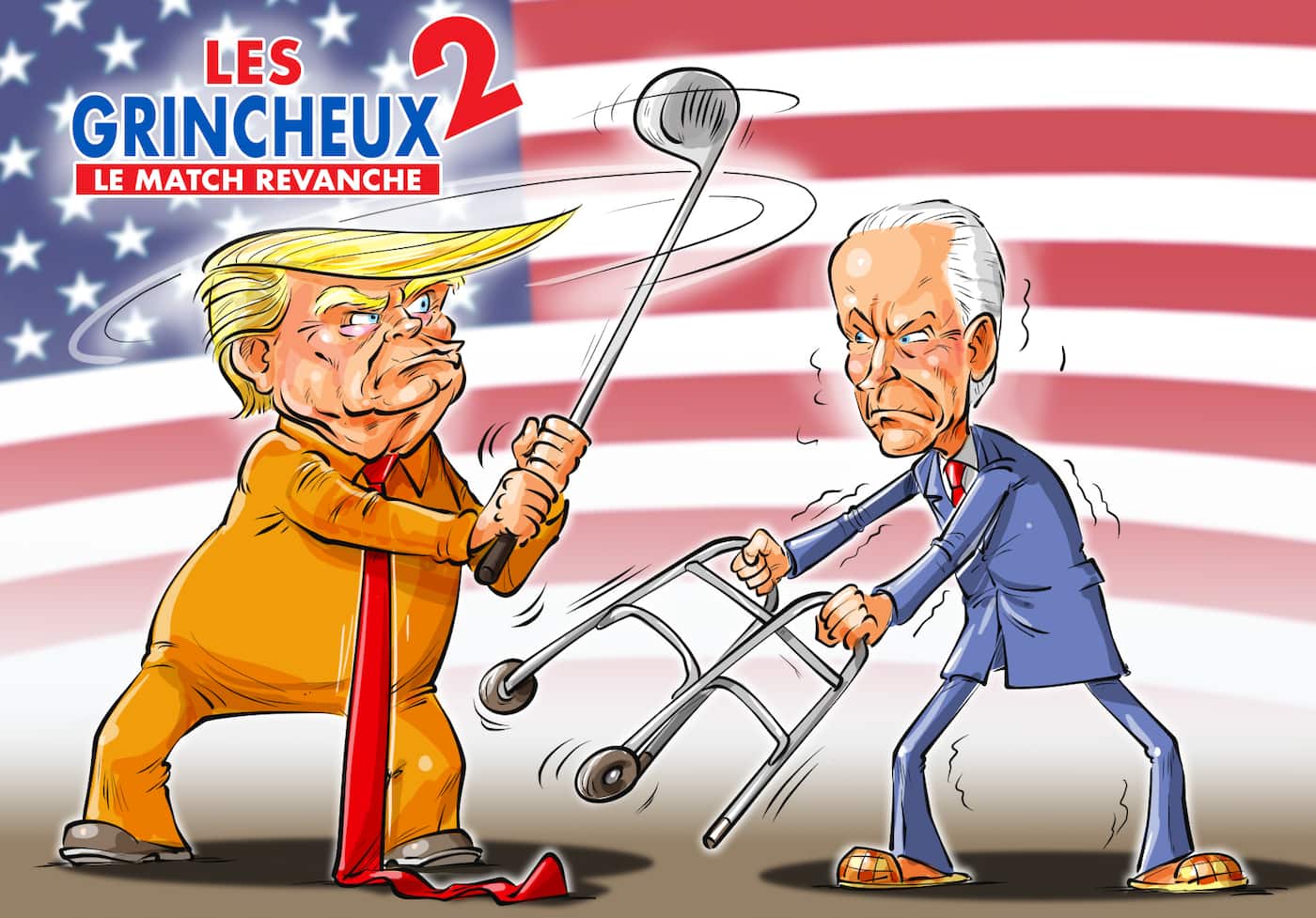 découvrez une caricature satire mettant en scène trump et un biden défoncé, illustrant de manière humoristique et critique la scène politique actuelle.