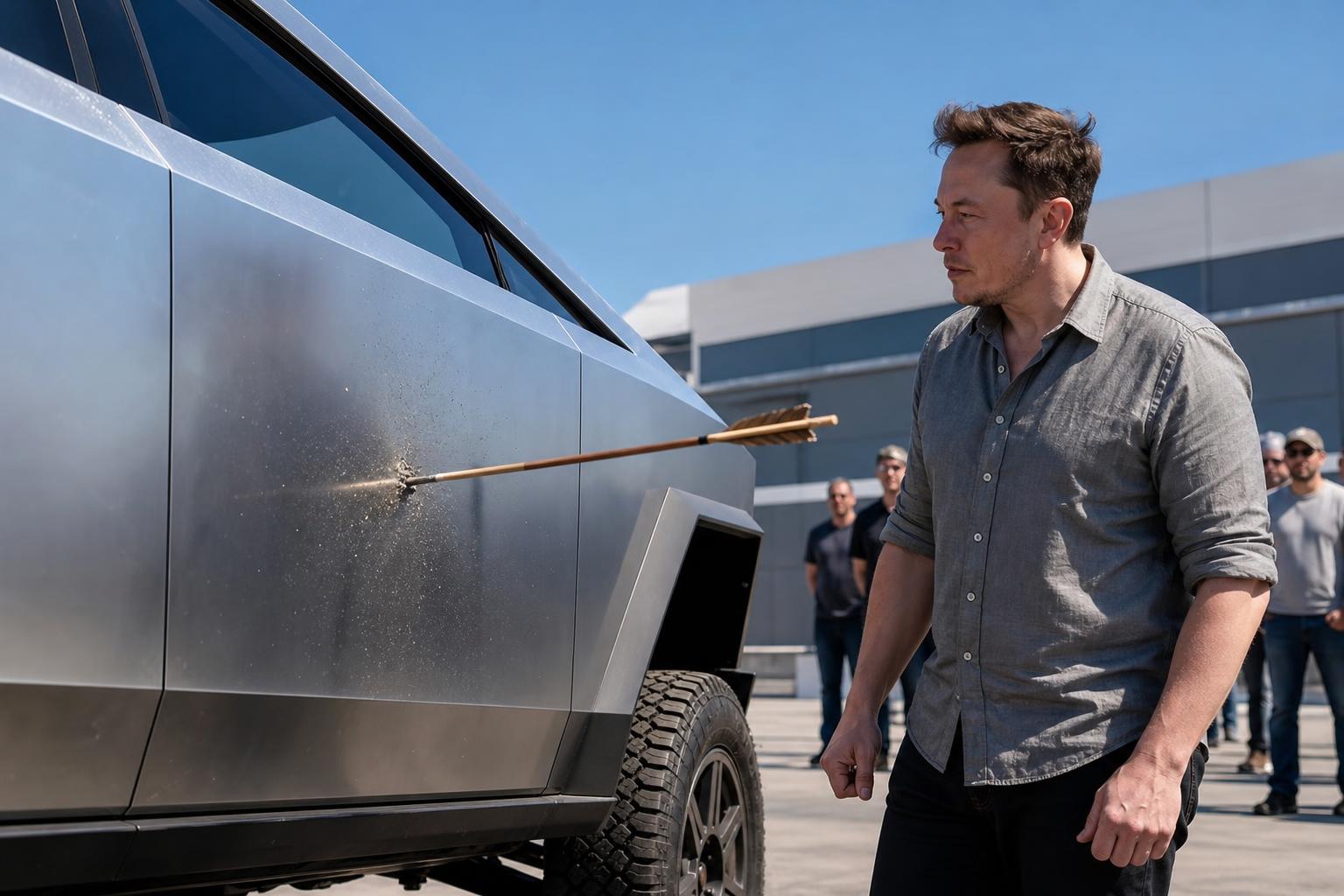elon musk teste la robustesse du cybertruck avec un pari d'un dollar impliquant une flèche, démontrant la solidité exceptionnelle du véhicule.
