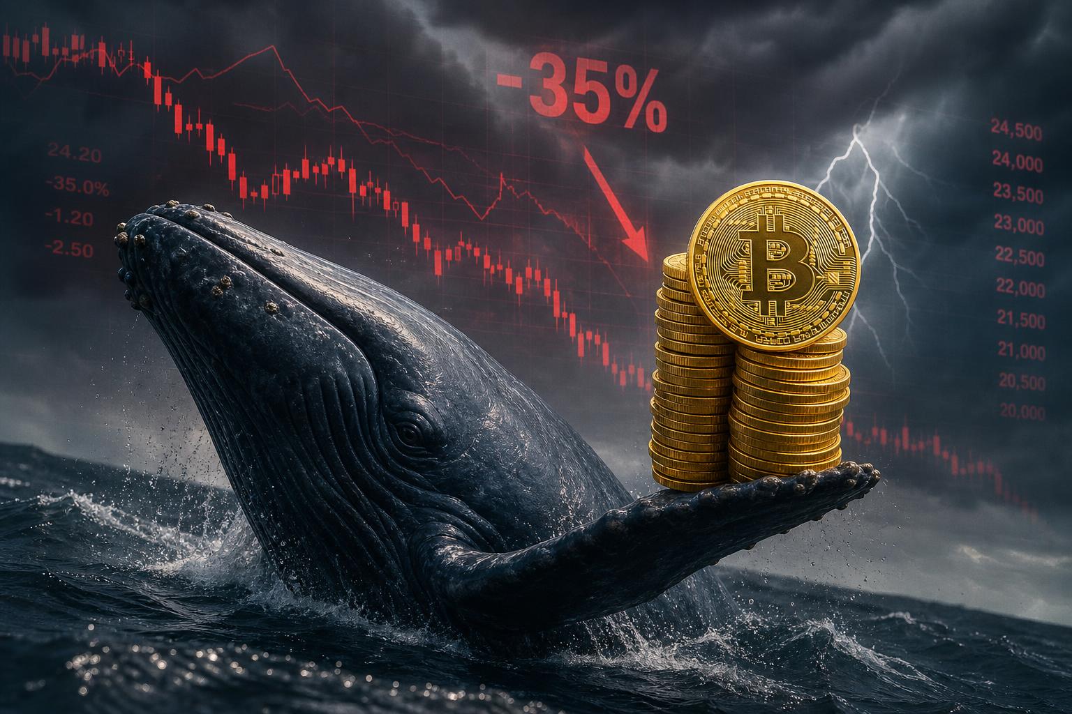 le bitcoin face à un risque de chute de 35 %, tandis qu'une baleine profite de la baisse pour investir 66 millions de dollars, révélant une opportunité dans la volatilité du marché.