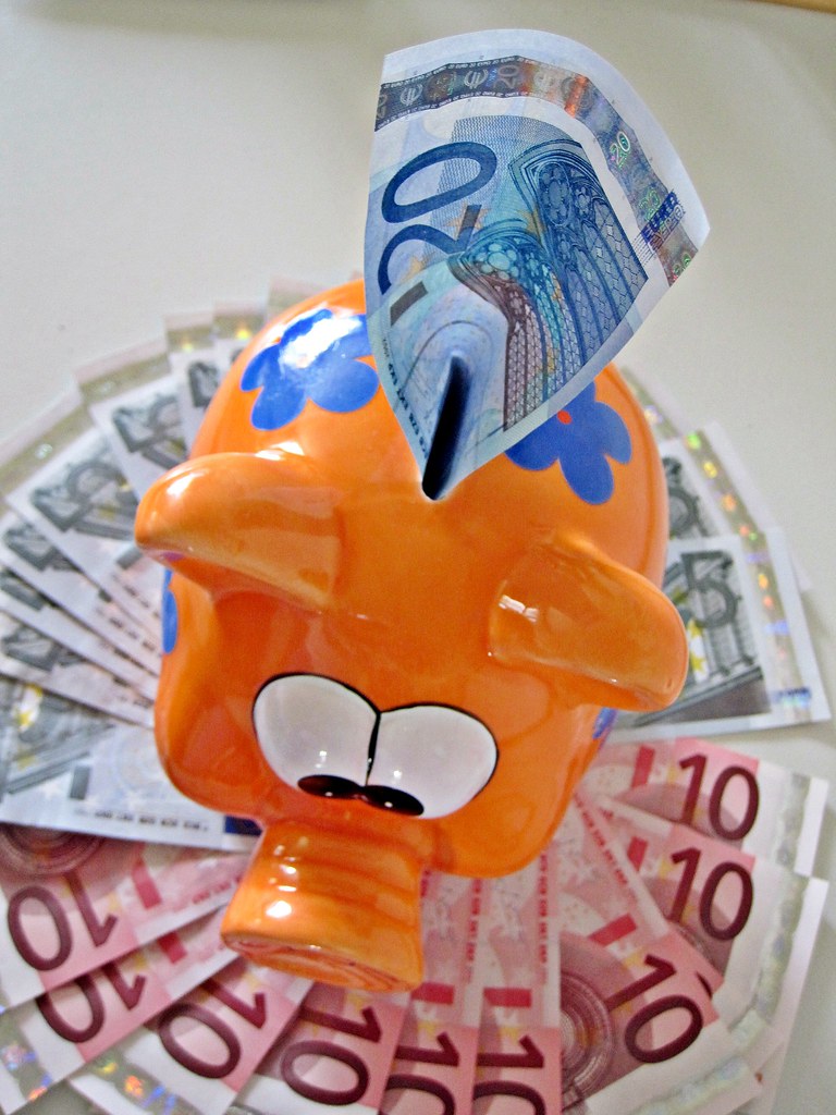 Billets en euros et tirelire cochon illustrant la contrainte budgétaire et les finances publiques françaises